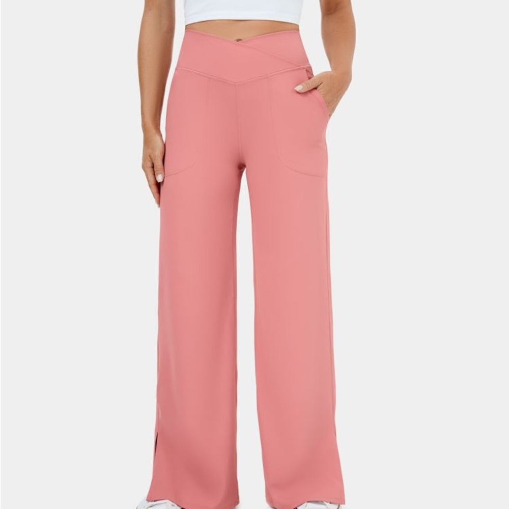 Halara Crossover Pocket Split Hem Wide Leg Yoga Pants-Smile Candy Pink Sz L